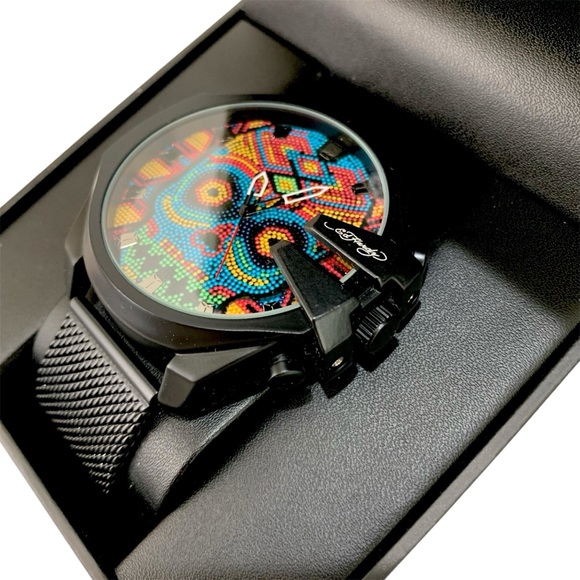 Ed Hardy Skull Men's Mesh Analog Watch Black NWT Multicolor - Picture 2 of 10